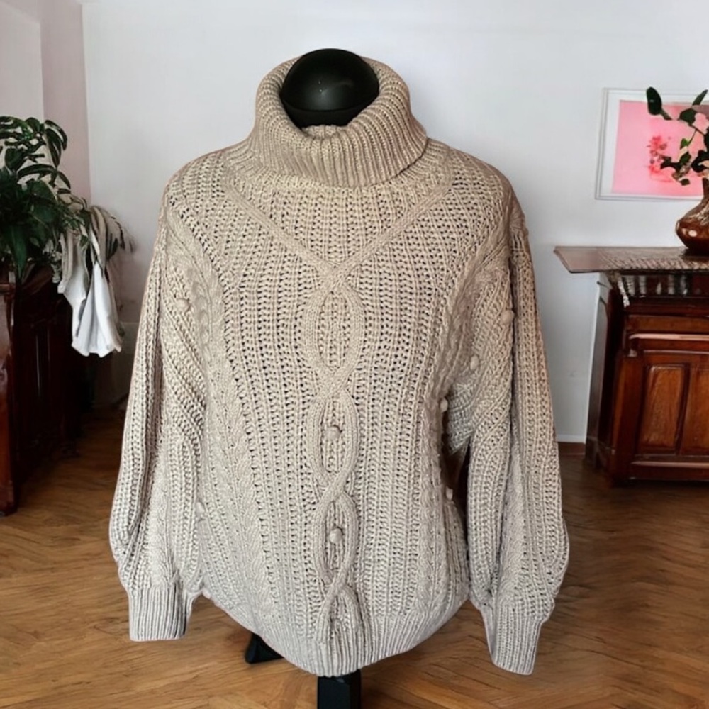 Tan Chunky Knit Cowl Turtleneck Sweater